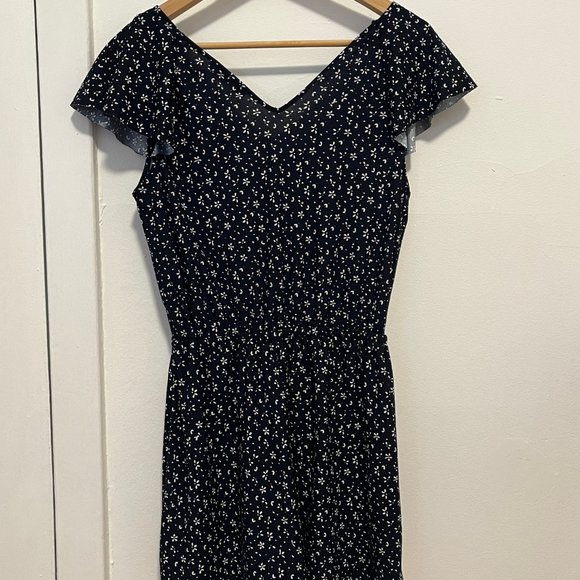Mango Navy Floral Pattern Frill Neckline Romper - Picture 2 of 3